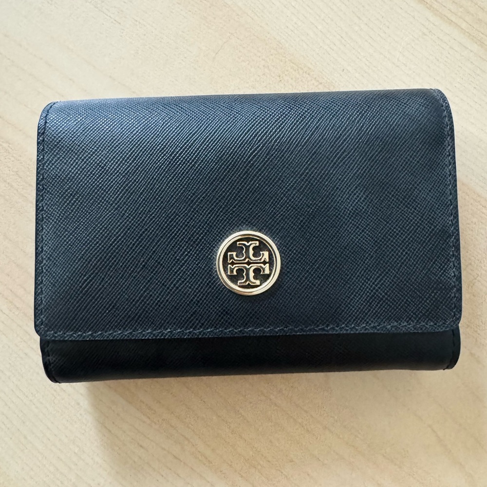 Tory Burch Black Leather Wallet with Gold Emblem